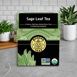 Sage Leaf Tea close-up label with USDA organic and non-GMO logos, calming tea with earthy flavor for daily wellness

