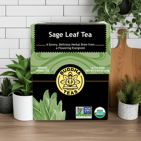 Sage Leaf Tea front packaging with natural decor, premium herbal tea for brain health, digestion, and hormonal balance

