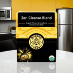 Zen Cleanse Blend detox herbal tea box displayed in a modern kitchen with bright yellow floral accents

