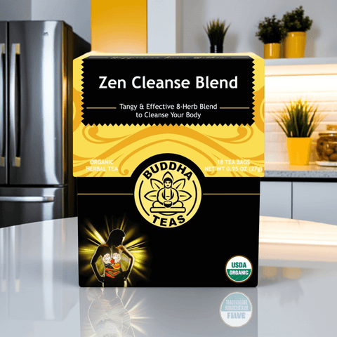 Zen Cleanse Blend organic herbal detox tea with calming ingredients and yellow floral packaging on kitchen counter

