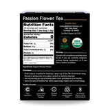 Passion Flower Tea ingredients and nutrition facts panel, USDA Organic and Non-GMO verified calming herbal infusion

