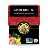 Ginger Root Tea label with vibrant turmeric and ginger artwork, promoting wellness and natural support

