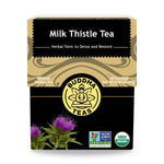 Premium organic Milk Thistle Tea with golden label, milk thistle botanical, and USDA organic seal

