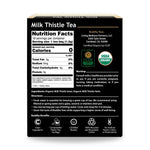 Milk Thistle Tea supplement facts panel with caffeine-free, non-GMO, and gluten-free certifications

