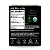 Milk Thistle Tea supplement facts panel with caffeine-free, non-GMO, and gluten-free certifications

