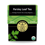 Parsley Leaf Tea front view with vibrant parsley leaves, USDA Organic certified and herbal wellness focus

