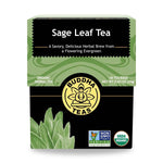Sage Leaf Tea front packaging on dark surface, elegant display of wellness tea made with organic sage leaves

