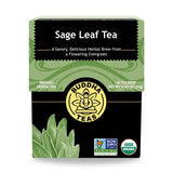 Sage Leaf Tea front packaging on dark surface, elegant display of wellness tea made with organic sage leaves

