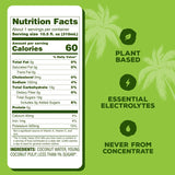 Back label of Coconut Water with Pulp showing nutrition facts and benefits like hydration, real coconut pulp, and no added sugar.