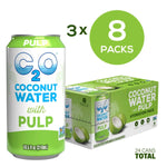 Coconut Water with Pulp 8-pack alongside a single 10.5 fl oz can, marked with a green circle highlighting "3 Packs of 8."