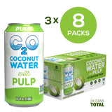Coconut Water with Pulp 8-pack alongside a single 10.5 fl oz can, marked with a green circle highlighting "3 Packs of 8."