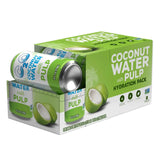 Angled view of the Coconut Water with Pulp 8-pack, showcasing bold branding, real pulp highlight, and natural coconut imagery.