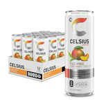 Single can of Celsius Peach Mango non-carbonated green tea in front of 12-pack box, refreshing functional drink with clean energy