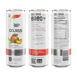 Side and back view of Celsius Peach Mango green tea cans showing label, ingredients, and health-focused details