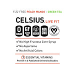 Celsius Peach Mango green tea can highlighting key benefits like metabolism boost, energy, and zero crash performance