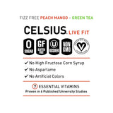 Celsius Peach Mango green tea can highlighting key benefits like metabolism boost, energy, and zero crash performance