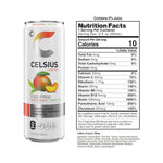 Close-up of Celsius Peach Mango green tea can with supplement facts, featuring no sugar, no artificial colors, and 200mg caffeine