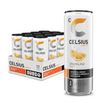 Celsius Sparkling Orange Energy Drink – Zero Sugar, 200 mg Caffeine 12-pack with a close-up of a single can, perfect for fitness and wellness routines.