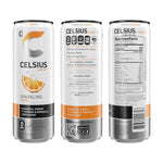Three Celsius Sparkling Orange Energy Drink cans highlighting zero sugar, gluten-free, non-GMO, vegan, and essential vitamin content.