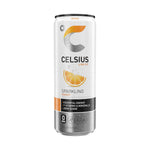 Single can of Celsius Sparkling Orange Energy Drink with condensation, emphasizing refreshing zero sugar and 200 mg caffeine formula.