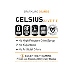 Celsius Sparkling Orange Energy Drink benefits chart showing zero sugar, gluten-free, kosher, non-GMO, and 7 essential vitamins.