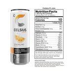 Celsius Sparkling Orange Energy Drink nutrition label showing 200 mg caffeine, zero sugar, and 7 essential vitamins per 12 fl oz can.