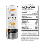 Celsius Sparkling Orange Energy Drink nutrition label showing 200 mg caffeine, zero sugar, and 7 essential vitamins per 12 fl oz can.