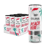 Celsius Sparkling Peach Vibe 12-pack case with tropical-themed cans, ideal for health-conscious consumers seeking a zero sugar peach energy drink.