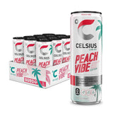 Celsius Sparkling Peach Vibe 12-pack case with tropical-themed cans, ideal for health-conscious consumers seeking a zero sugar peach energy drink.