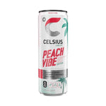 Single can of Celsius Sparkling Peach Vibe energy drink with vibrant peach branding and tropical design, promoting zero sugar and essential nutrients.