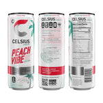 Three views of Celsius Sparkling Peach Vibe can highlighting ingredients, nutrition facts, and branding for a healthy energy drink option.