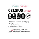 Celsius Sparkling Peach Vibe health certifications and benefits including vegan, gluten-free, non-GMO, and 7 essential vitamins with no sugar.