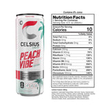 Nutrition facts label of Celsius Sparkling Peach Vibe energy drink showing 10 calories, zero sugar, and high vitamin content per 12 fl oz can.