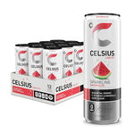 CELSIUS Sparkling Watermelon Energy Drink – Zero Sugar Boost 12-pack with close-up can, ideal for wellness-focused consumers seeking clean energy and hydration.
