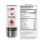 Nutrition label and ingredients of CELSIUS Sparkling Watermelon Energy Drink – Zero Sugar Boost, showing 10 calories, 200mg caffeine, and essential vitamins.