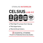 CELSIUS Sparkling Watermelon Energy Drink – Zero Sugar Boost benefits including gluten-free, vegan, non-GMO, and 7 essential vitamins with no artificial additives.