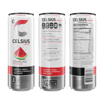 Three angles of CELSIUS Sparkling Watermelon Energy Drink – Zero Sugar Boost can, showcasing label details, ingredients, and health certifications for informed buyers.