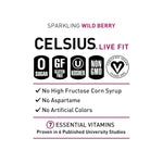 Celsius Sparkling Wild Berry features icons for sugar-free, gluten-free, kosher, non-GMO, and vegan with benefits like no aspartame or artificial colors.