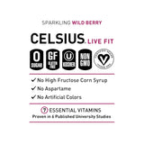 Celsius Sparkling Wild Berry features icons for sugar-free, gluten-free, kosher, non-GMO, and vegan with benefits like no aspartame or artificial colors.
