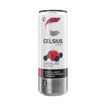 Single chilled can of Celsius Sparkling Wild Berry with condensation, emphasizing its refreshing, sugar-free, and energy-enhancing formula.