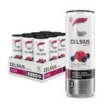 Celsius Sparkling Wild Berry 12-pack case with a featured can in front, promoting clean energy, vitamins, and zero sugar for active lifestyles.