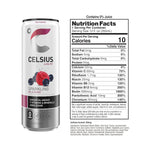 Close-up of Celsius Sparkling Wild Berry can with detailed nutrition facts showing 10 calories, 7 vitamins, and zero sugar per 12 fl oz serving.