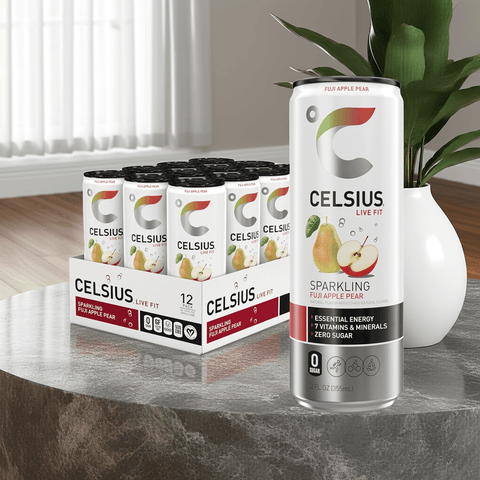 Celsius Sparkling Fuji Apple Pear Energy Drink 12-pack case on table, ideal for boosting metabolism and energy with zero sugar and natural caffeine.