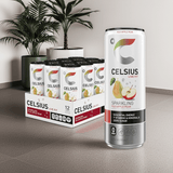 Celsius Sparkling Fuji Apple Pear Energy Drink 12-pack displayed on floor, featuring zero sugar, essential vitamins, and gluten-free benefits.