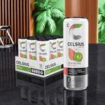 Celsius Sparkling Kiwi Guava energy drink can 12-pack display on modern counter with plants, healthy fitness energy beverage