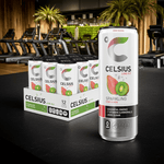 Celsius Sparkling Kiwi Guava 12-pack in premium gym setting, metabolism-boosting energy drink for active lifestyle