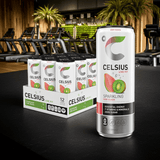 Celsius Sparkling Kiwi Guava 12-pack in premium gym setting, metabolism-boosting energy drink for active lifestyle
