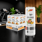 Celsius Live Fit Peach Mango energy drink 12-pack displayed on a fitness gym counter, clean energy for active lifestyle