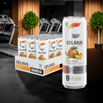Celsius Live Fit Peach Mango non-carbonated green tea 12-pack on display, energy drink with healthy antioxidants and vitamins