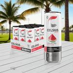 CELSIUS Sparkling Watermelon Energy Drink – Zero Sugar Boost 12-pack displayed outdoors with palm trees, highlighting vibrant packaging and wellness appeal.
